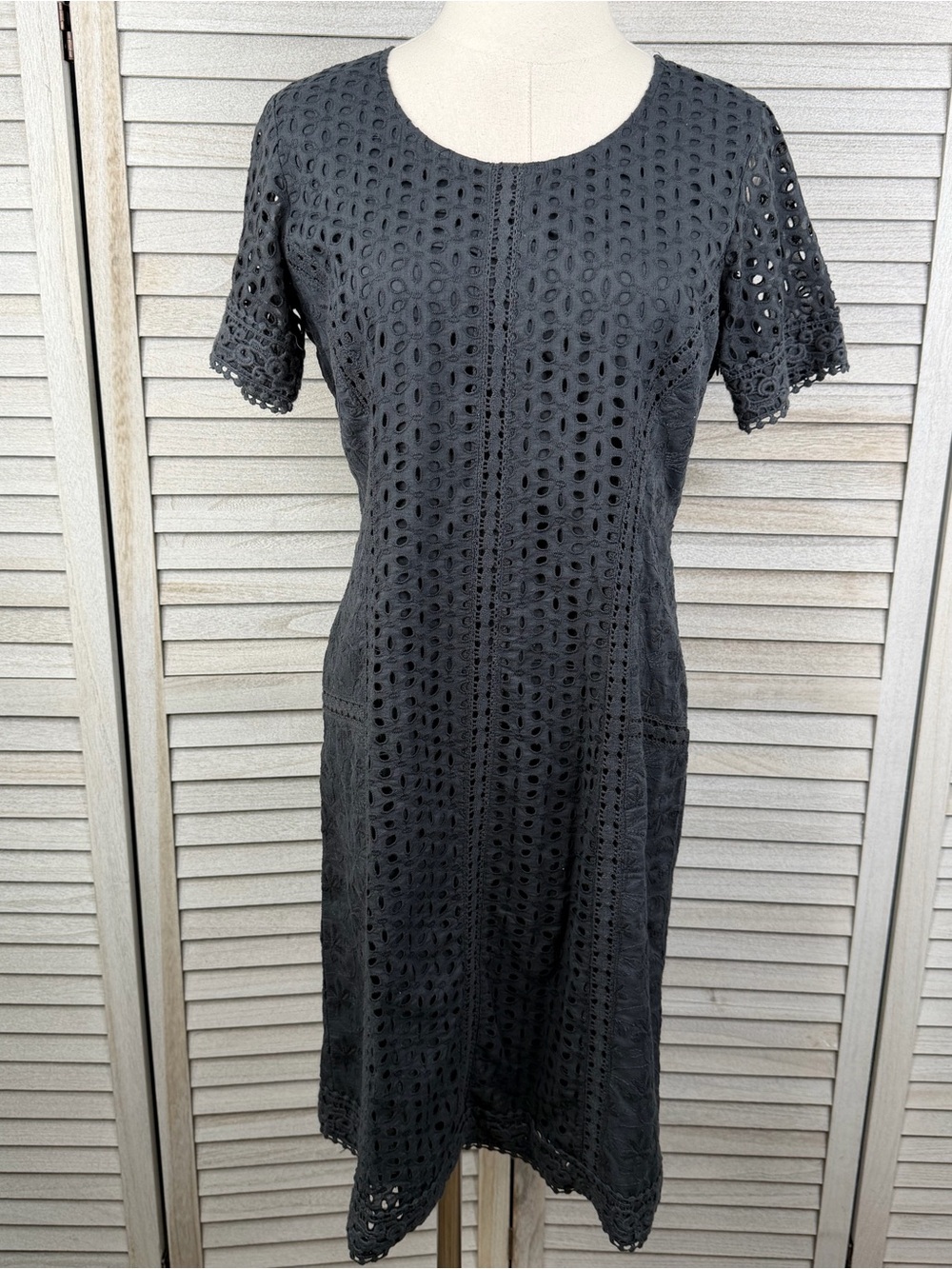SUNDANCE Women's Boho Charcoal Gray Cotton Eyelet Short Sleeve Midi Dress-8